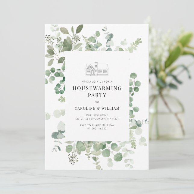 greenery foliage housewarming invitation (Standing Front)