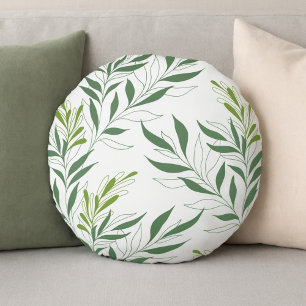   Greenery Foliage Pattern Elegant Green And White Round Pillow
