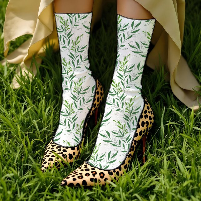   Greenery Foliage Pattern Elegant Green And White Socks (Creator Uploaded)