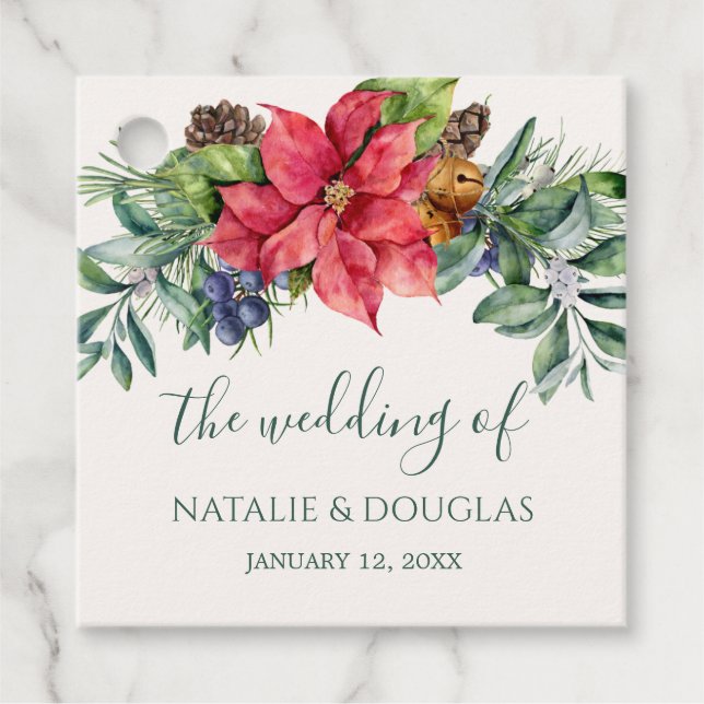 Greenery Foliage Poinsettia Wedding Favour Tags (Front)