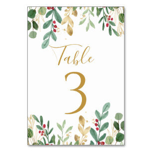 Greenery Foliage Red Berry Christmas Wedding Table Number