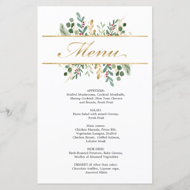 Greenery Foliage Red Berry Wedding Christmas Menu (Front)