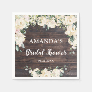 Greenery foliage rustic wood boho white roses napkin