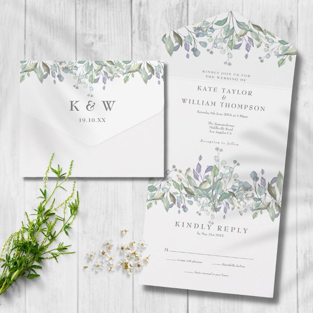 Greenery Foliage Sage And Lilac Monogram Wedding All In One Invitation (Creator Uploaded)