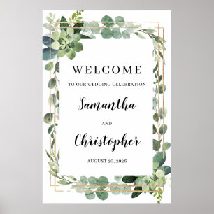 Greenery foliage succulent gold frame welcome sign