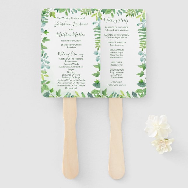 Greenery Foliage Watercolor Wedding Programs Hand Fan (Front and Back)
