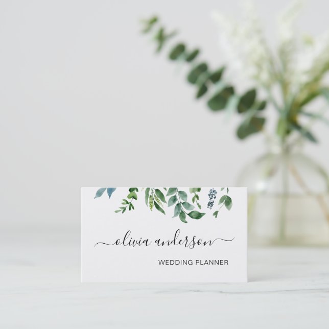 Greenery Foliage Wedding Planner Elegant Modern Business Card (Standing Front)