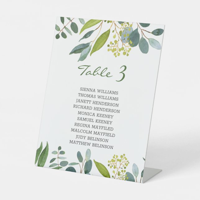 Greenery foliage wedding seating card pedestal sign (Front)