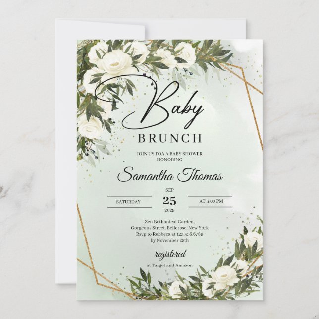 Greenery foliage white roses gold frame brunch invitation (Front)