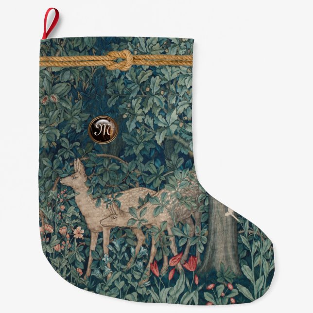 GREENERY, FOREST ANIMALS and Monogram Large Christmas Stocking (Front)