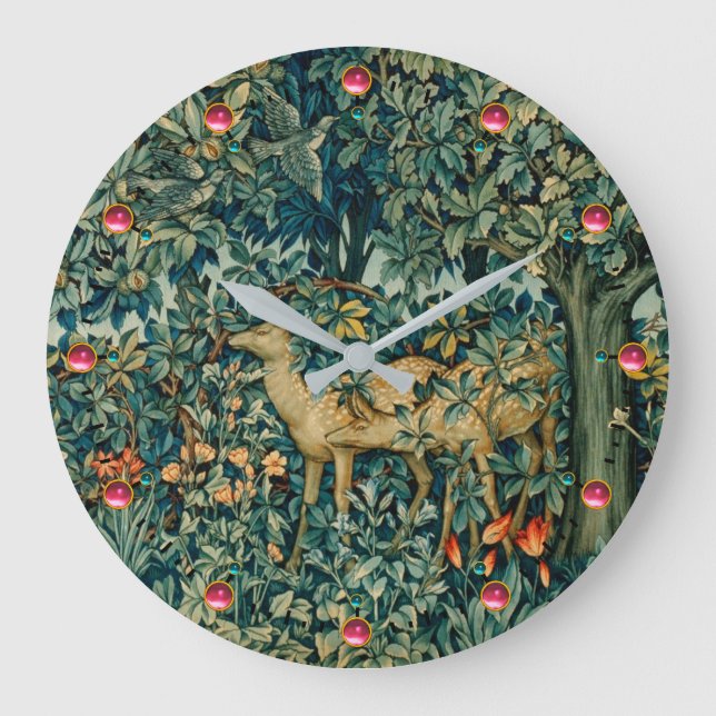 GREENERY,FOREST ANIMALS, DOES ,BIRDS Floral  Large Clock (Front)