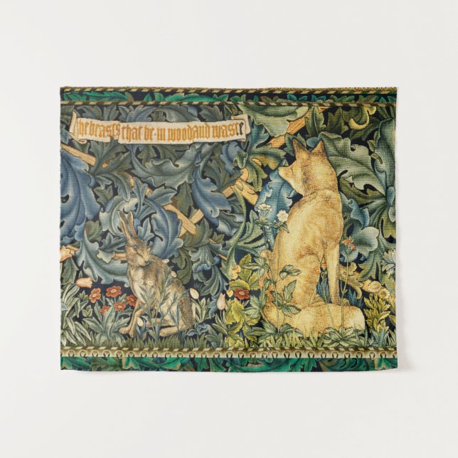 GREENERY,FOREST ANIMALS,FOX AND HARE,GREEN FLORAL TAPESTRY (Front (Horizontal))