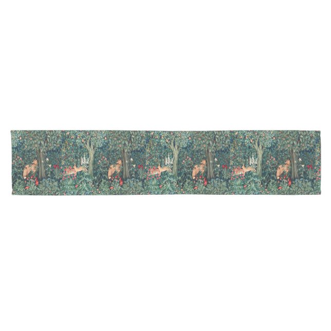 GREENERY FOREST ANIMALS Fox ,Hares Green Floral  Short Table Runner (Horizontal)