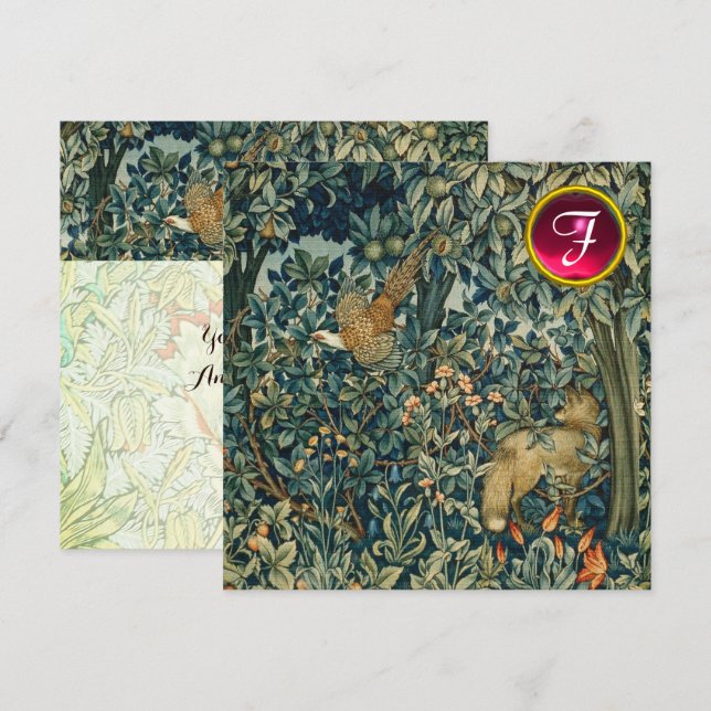 GREENERY,FOREST ANIMALS Fox ,Pheasant,Green Floral Invitation (Front/Back)