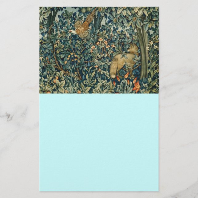 GREENERY,FOREST ANIMALS Fox ,Pheasant,Green Floral Stationery (Front)