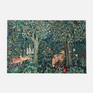 GREENERY,FOREST ANIMALS Hares ,Fox,Green Floral Doormat