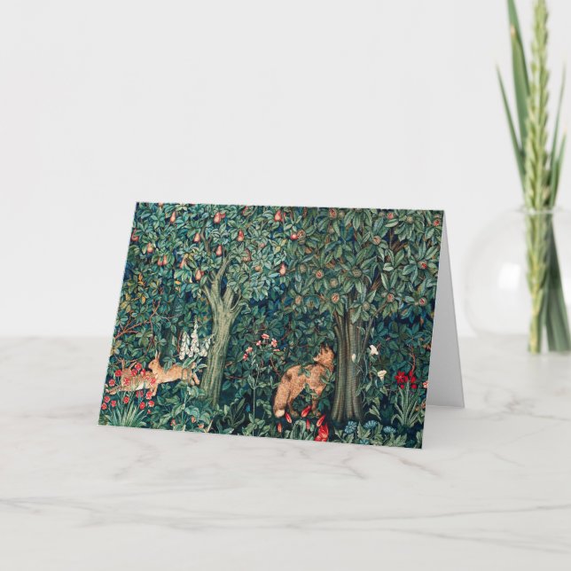 GREENERY,FOREST ANIMALS Hares ,Fox,Green Floral Holiday Card (Front)