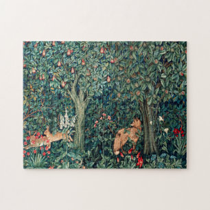 GREENERY,FOREST ANIMALS Hares ,Fox,Green Floral Jigsaw Puzzle