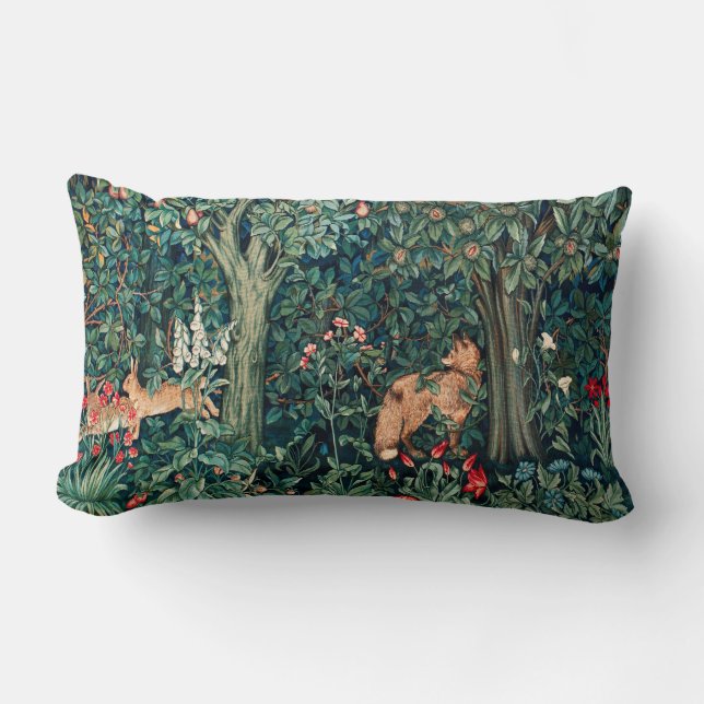 GREENERY,FOREST ANIMALS Hares ,Fox,Green Floral Lumbar Pillow (Front)