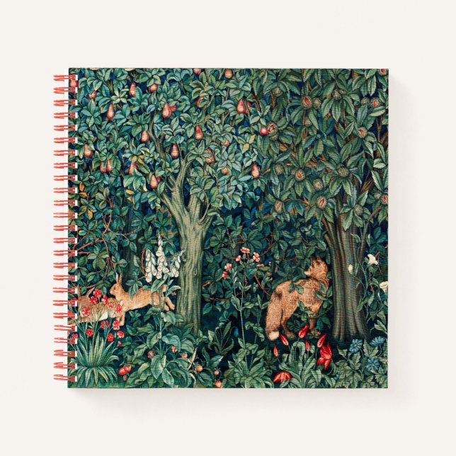 GREENERY,FOREST ANIMALS Hares ,Fox,Green Floral Notebook (Front)