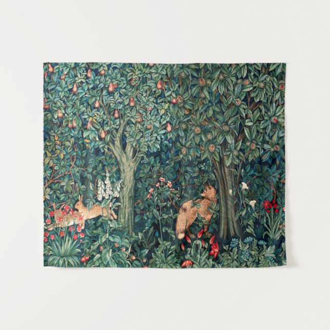GREENERY,FOREST ANIMALS Hares ,Fox,Green Floral  Tapestry (Front (Horizontal))