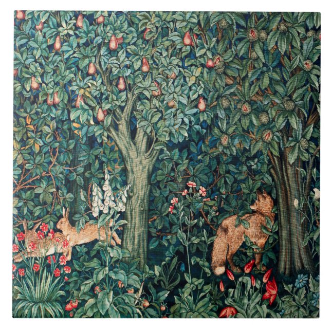GREENERY,FOREST ANIMALS Hares,Fox,Green Floral Tile (Front)