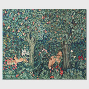 GREENERY,FOREST ANIMALS Hares ,Fox,Green Floral Wrapping Paper