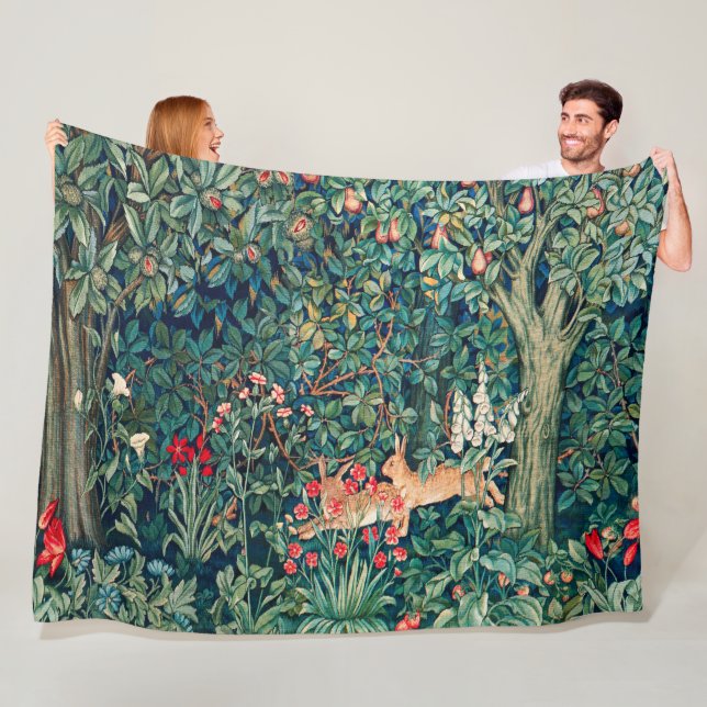 GREENERY,FOREST ANIMALS Hares ,Green Floral Fleece Blanket (In Situ)