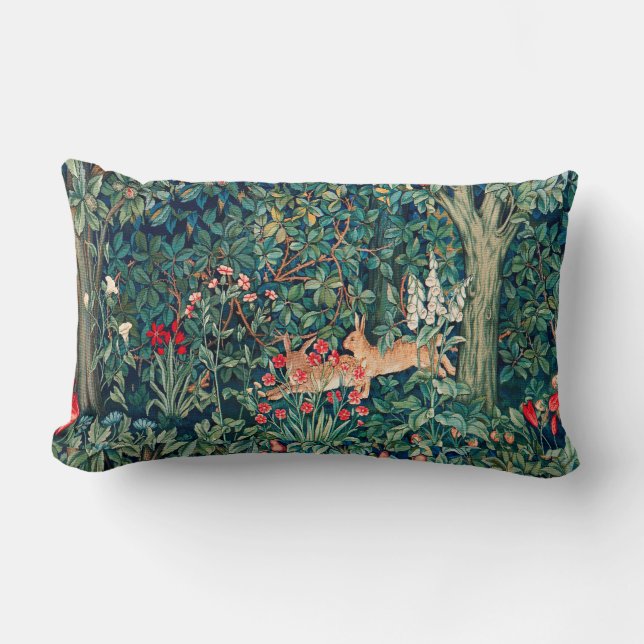 GREENERY,FOREST ANIMALS Hares ,Green Floral Lumbar Pillow (Front)