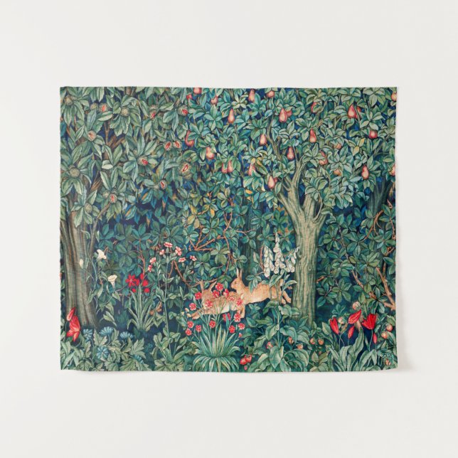 GREENERY,FOREST ANIMALS Hares ,Green Floral Tapestry (Front (Horizontal))