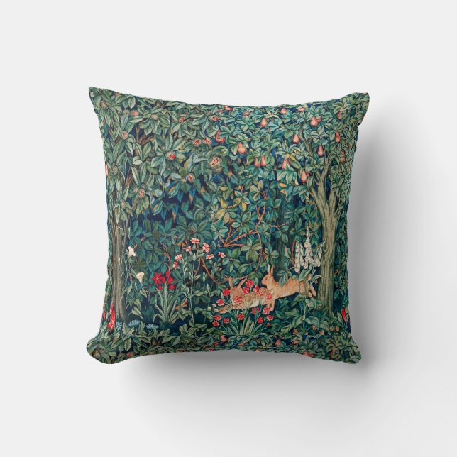 GREENERY,FOREST ANIMALS Hares ,Green Floral Throw Pillow (Front)