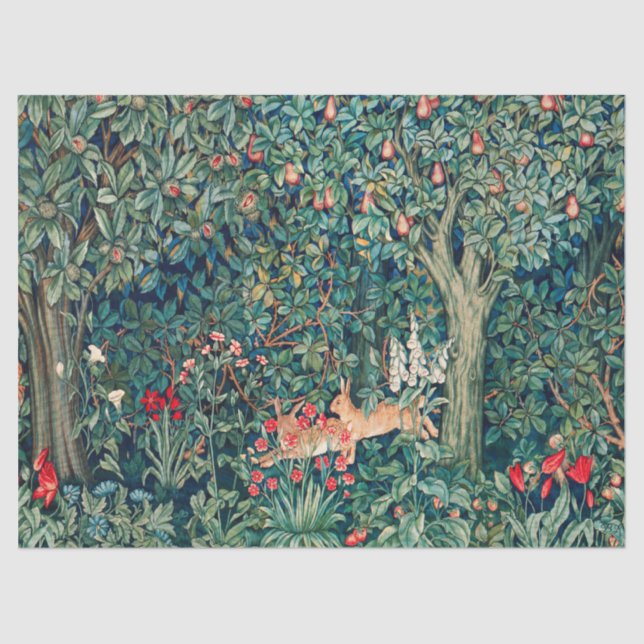 GREENERY,FOREST ANIMALS Hares ,Green Floral Tissue Paper (Front)