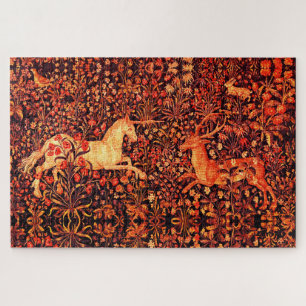 GREENERY,FOREST ANIMALS Hares,Red Fox,Brown Floral Jigsaw Puzzle