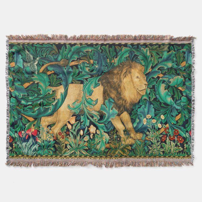 GREENERY,FOREST ANIMALS  LION Floral Throw Blanket (Front)