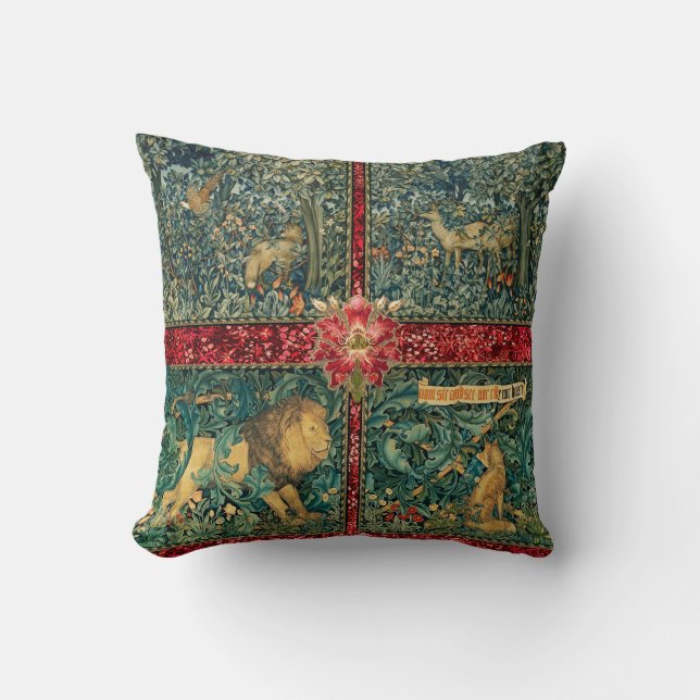 GREENERY,FOREST ANIMALS ,LION ,FOX,PHEASANT, DOES  THROW PILLOW (Front)