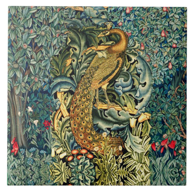 GREENERY, FOREST ANIMALS,PEACOCK IN GREEN FLORAL   TILE (Front)