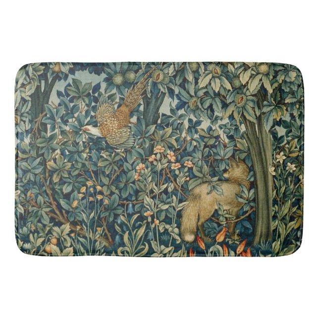 GREENERY,FOREST ANIMALS Pheasant ,Fox,Green Floral Bath Mat (Front)