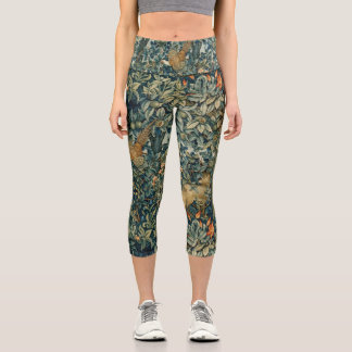 GREENERY,FOREST ANIMALS Pheasant ,Fox,Green Floral Capri Leggings