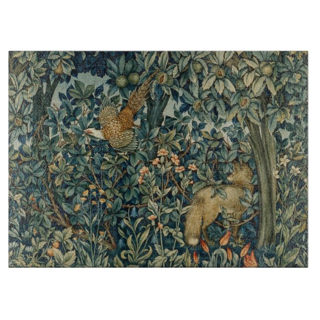 GREENERY,FOREST ANIMALS Pheasant ,Fox,Green Floral Cutting Board (Front)