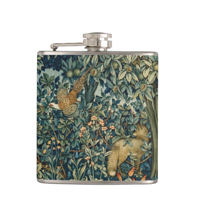 GREENERY,FOREST ANIMALS Pheasant ,Fox,Green Floral Hip Flask (Front)