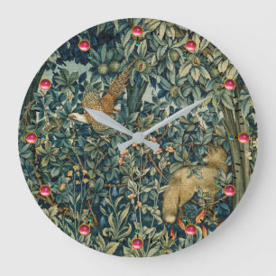 GREENERY,FOREST ANIMALS Pheasant ,Fox,Green Floral Large Clock