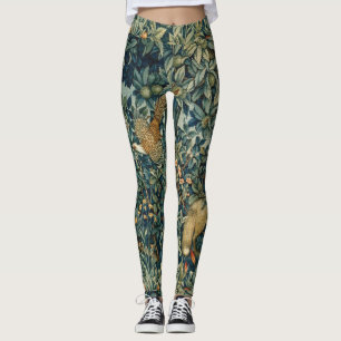 GREENERY,FOREST ANIMALS Pheasant ,Fox,Green Floral Leggings