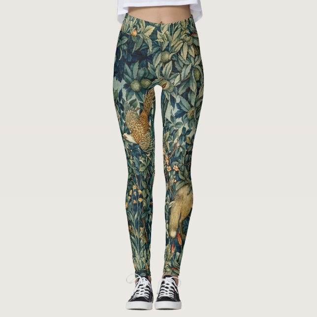 GREENERY,FOREST ANIMALS Pheasant ,Fox,Green Floral Leggings (Front)