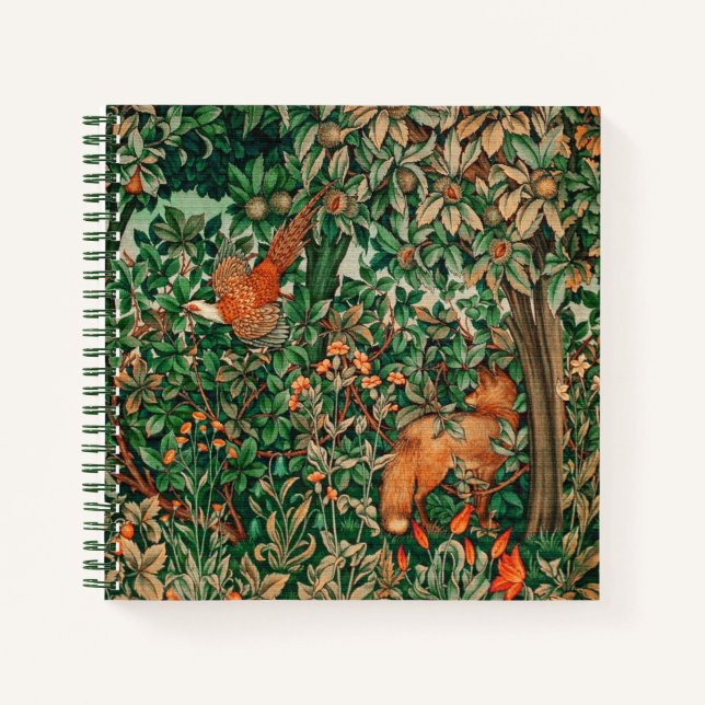 GREENERY,FOREST ANIMALS Pheasant ,Fox,Green Floral Notebook (Front)