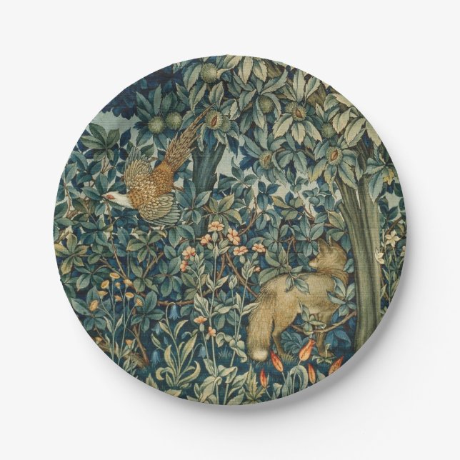 GREENERY,FOREST ANIMALS Pheasant ,Fox,Green Floral Paper Plate (Front)