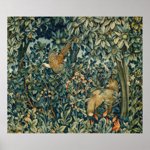 GREENERY,FOREST ANIMALS Pheasant ,Fox,Green Floral Poster