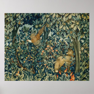 GREENERY,FOREST ANIMALS Pheasant ,Fox,Green Floral Poster