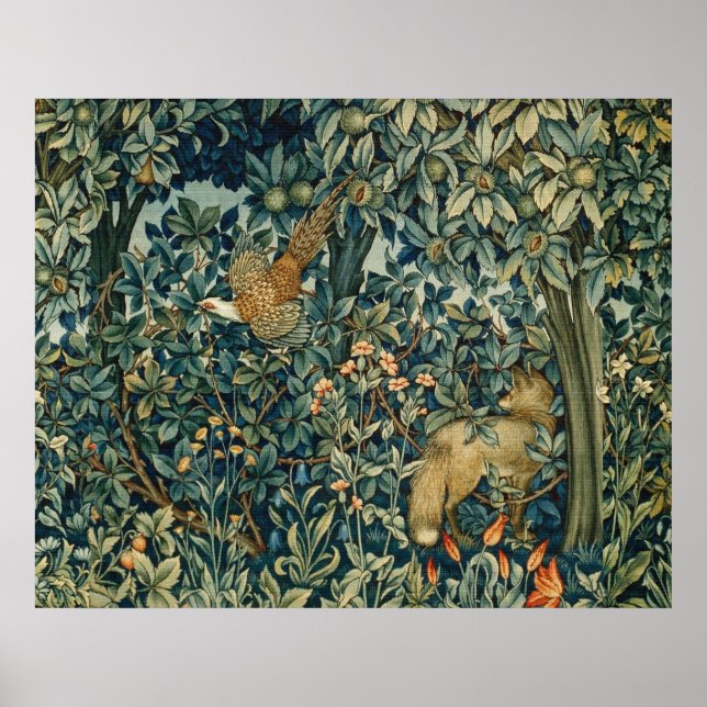 GREENERY,FOREST ANIMALS Pheasant ,Fox,Green Floral Poster (Front)