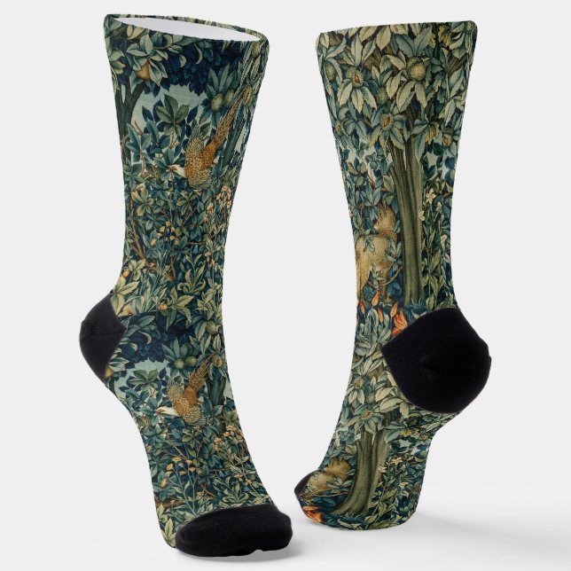 GREENERY,FOREST ANIMALS Pheasant ,Fox,Green Floral Socks (Angled)