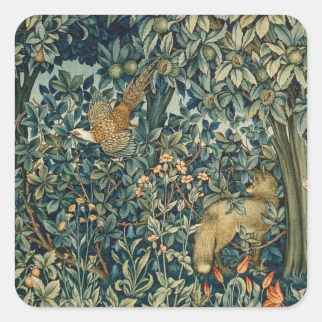 GREENERY,FOREST ANIMALS Pheasant ,Fox,Green Floral Square Sticker (Front)